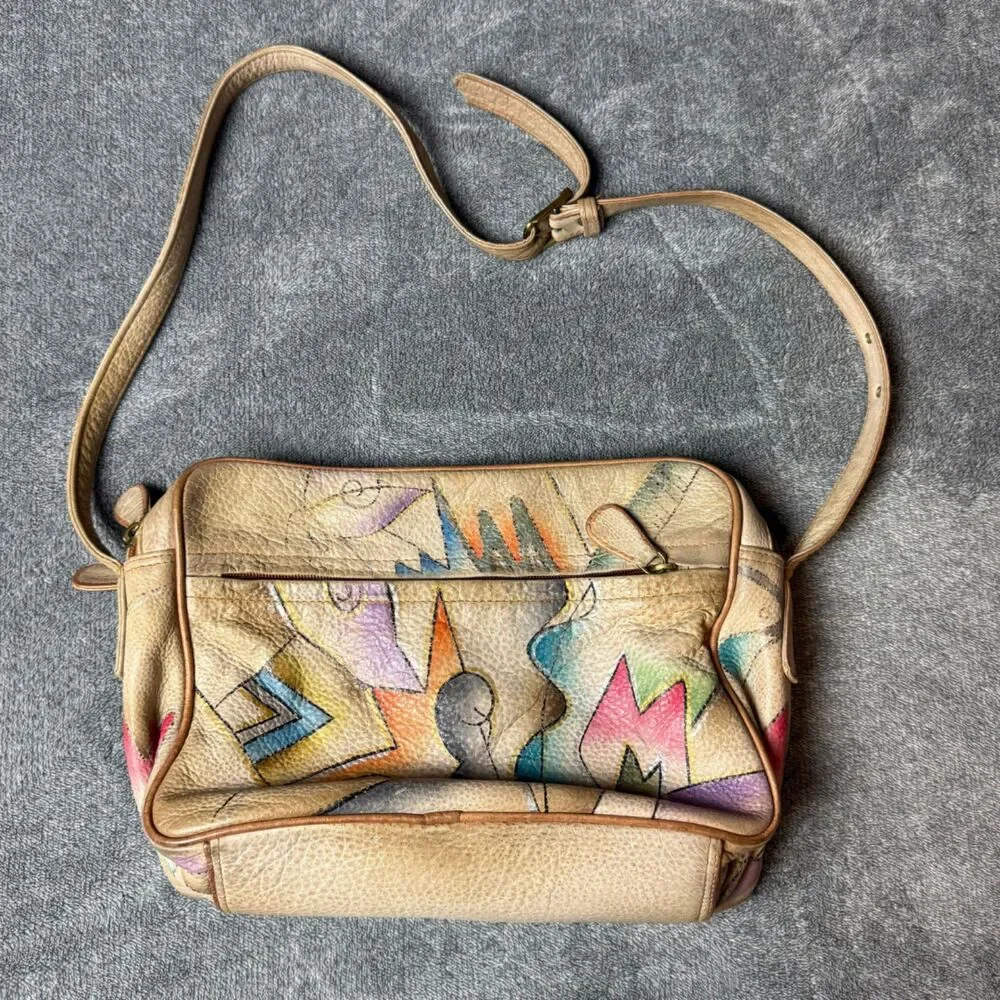 Magnifique Abstract Hand Painted Leather Crossbody Bag Beige Vintage Purse